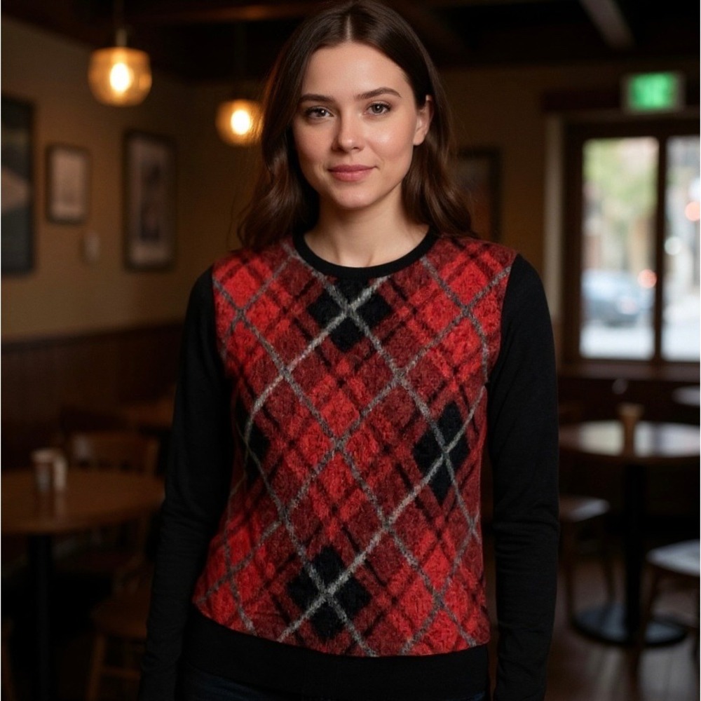J.Jill Women's Black Long Sleeve Sweater Red Argyle S Cozy casual cute retro